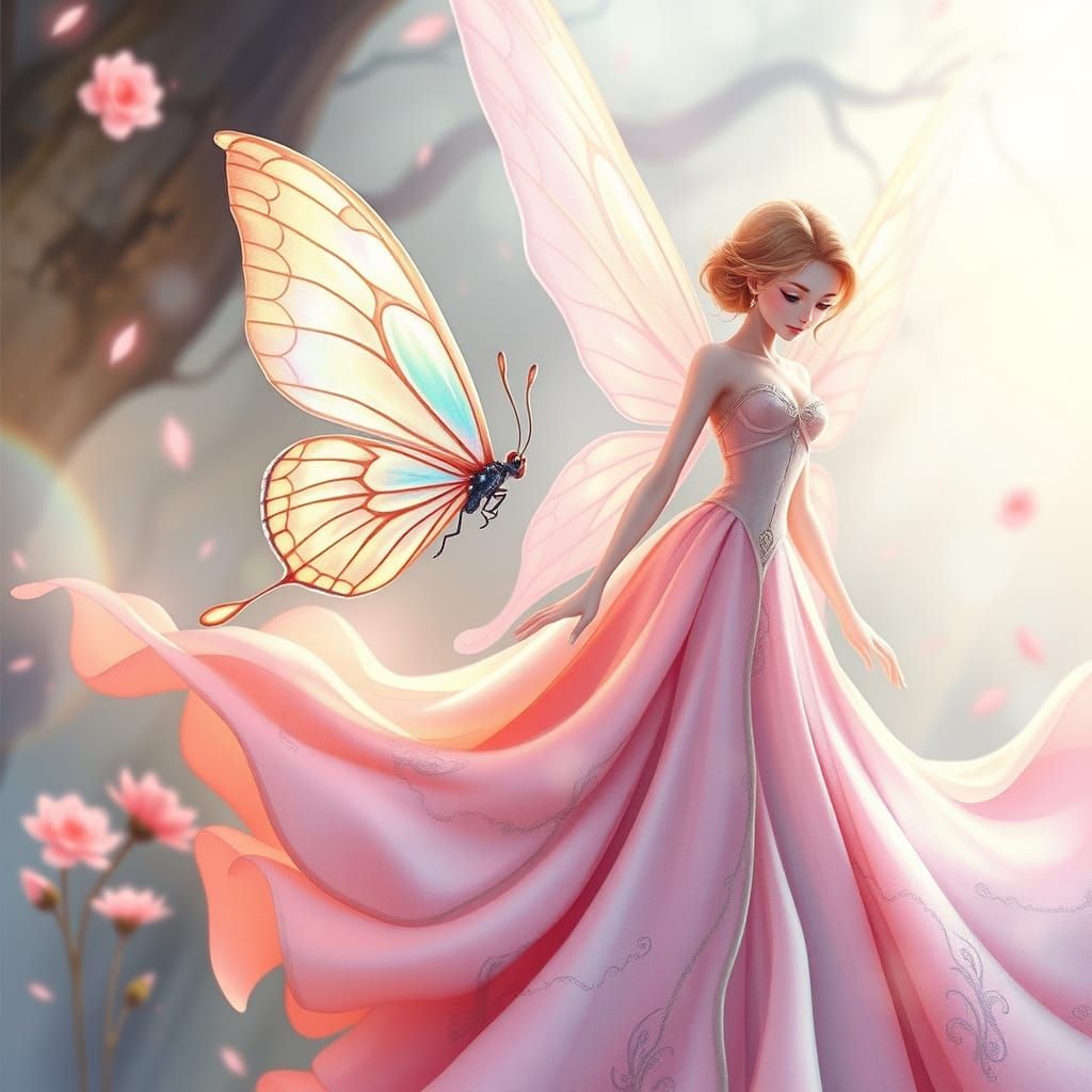 Whimsical Anime Fairy and Butterfly Dance in a Dreamy Landsc...