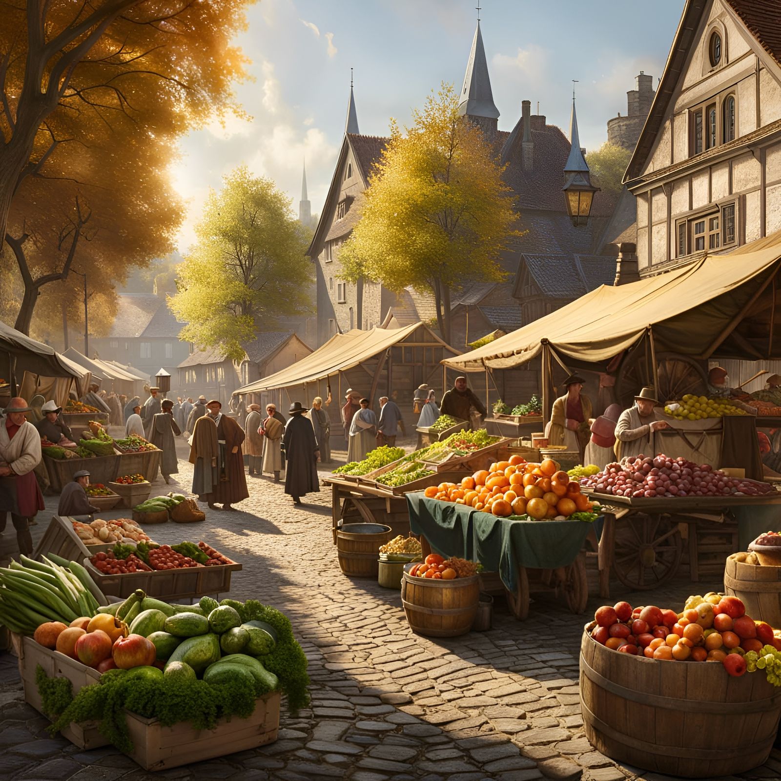 Medieval Farmers' Market: Detailed Digital Matte Painting