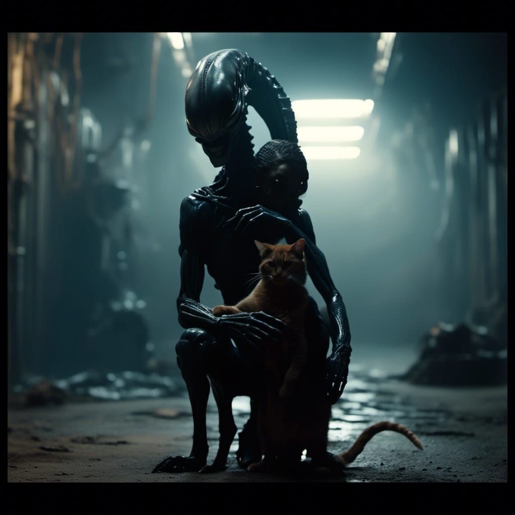 Xenomorph Hugs Cat in Dark, Cinematic Still