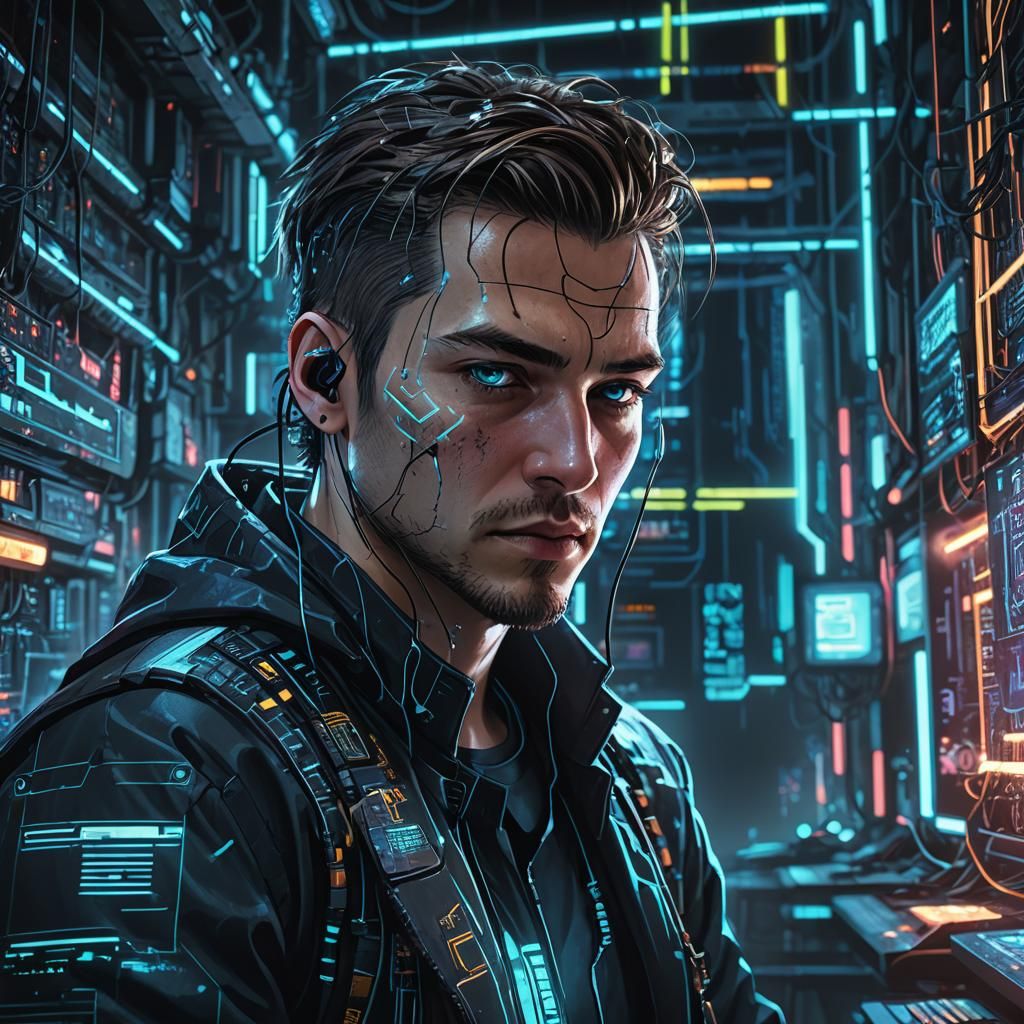 Cyberpunk Hacker Stares Intensely at Computer Screen