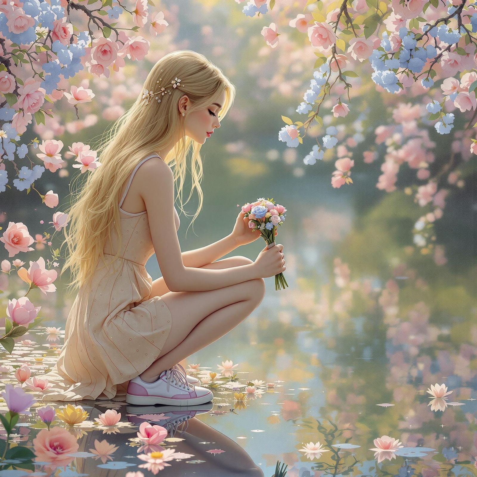 Serene Young Woman in Whimsical Oil Painting
