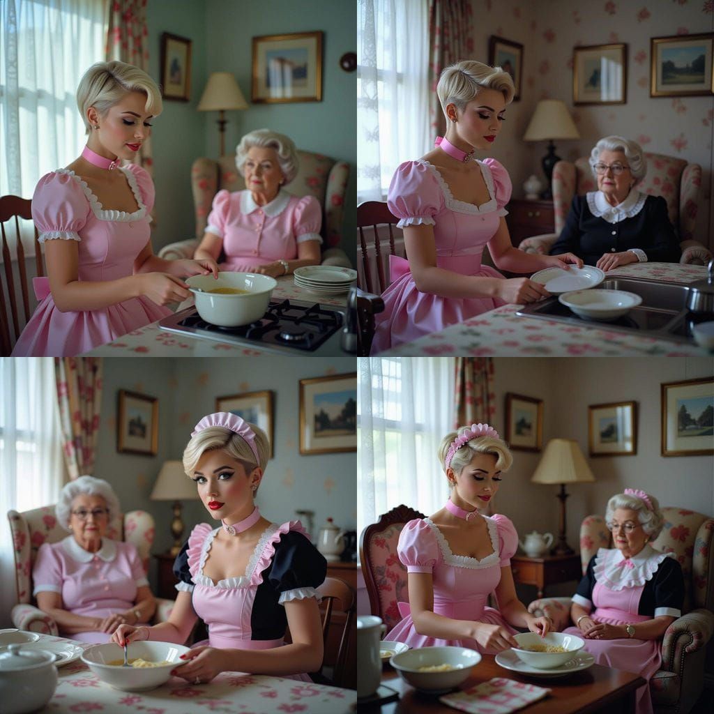 Crossdresser Cleaning Dishes in Vintage Grandmother's Room