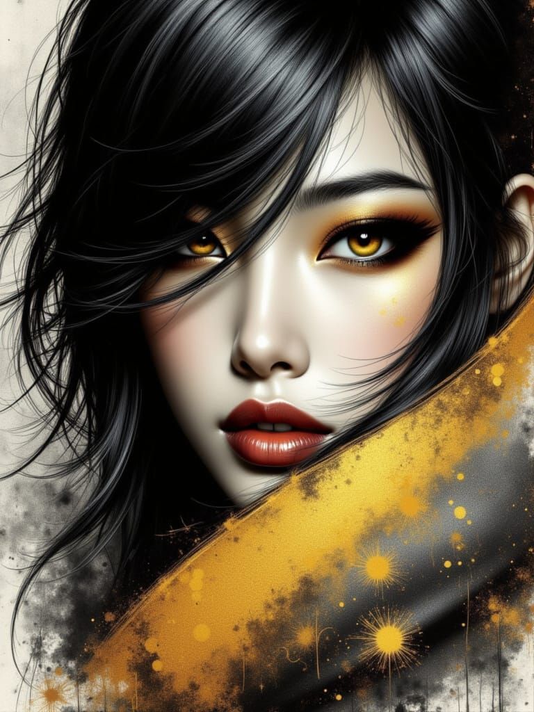 Mysterious Asian Woman Portrait in Ink Wash Style