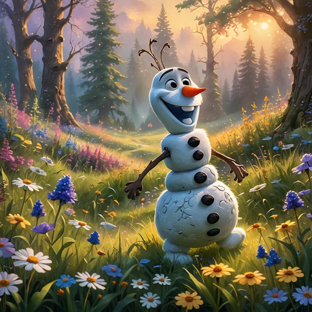Olaf Dances in Lush Winter Meadow, Watercolor Style