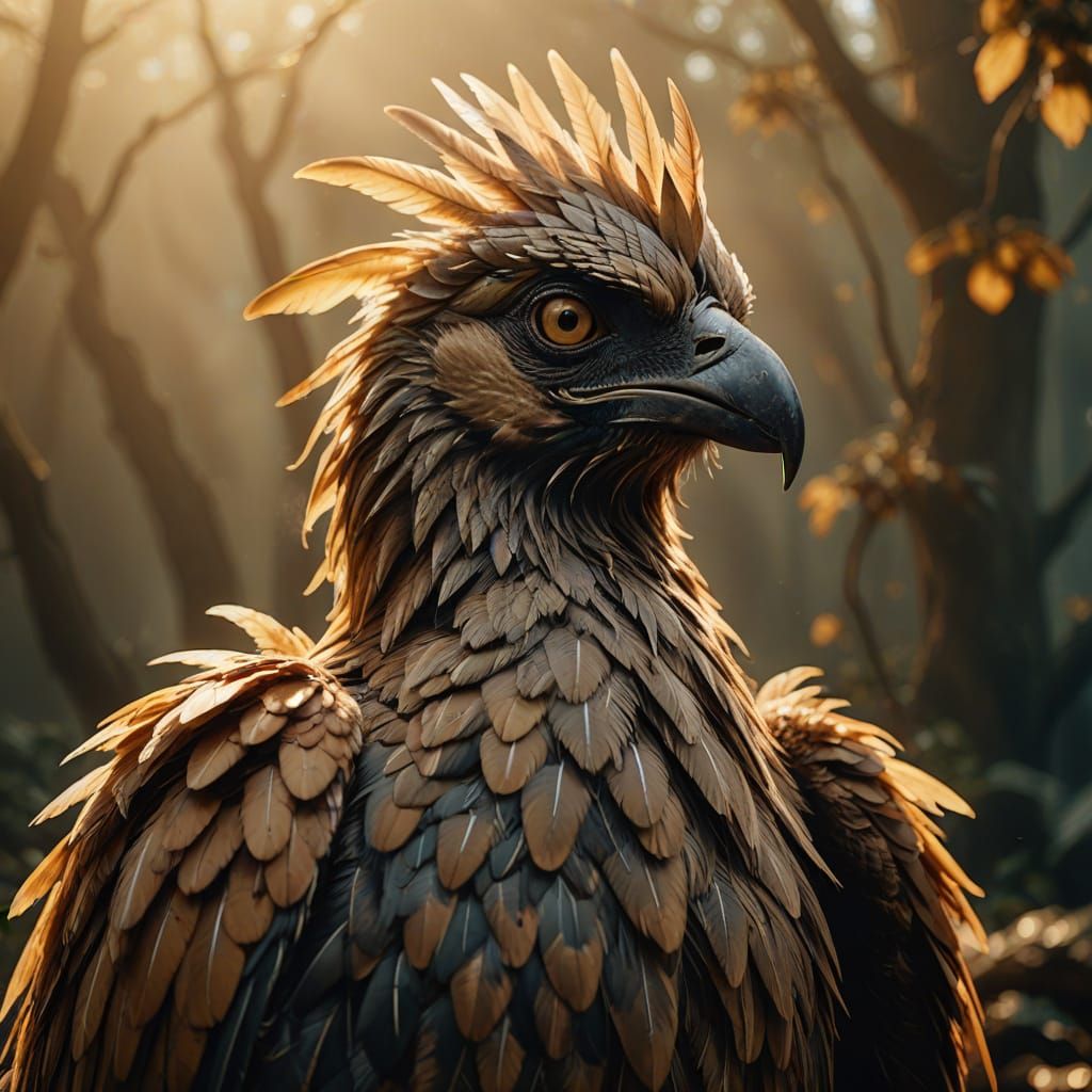 Hyperrealistic Alkonost Portrait in Golden Hour Light