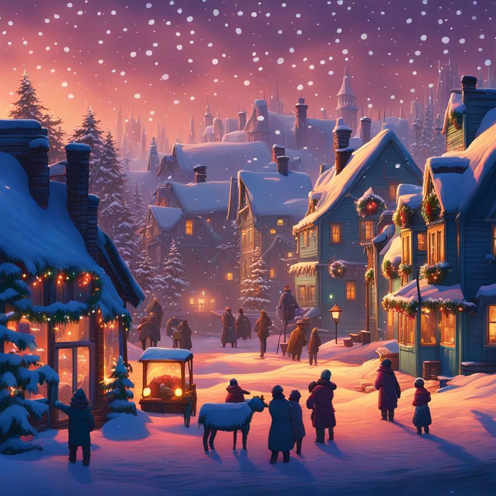 Winter Wonderland Village in Matte Painting Style