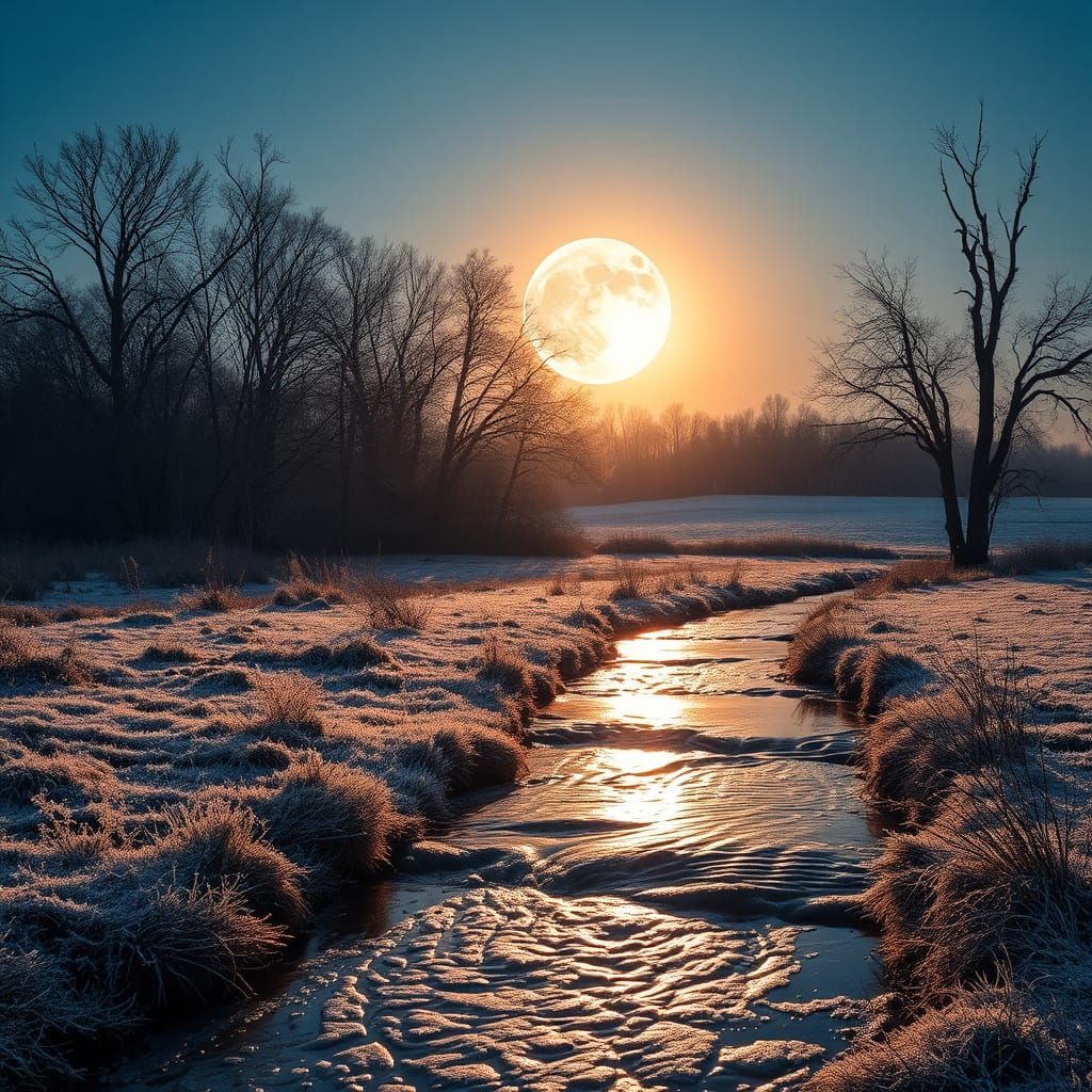 Harvest Moon Over Frosty Field, Hyper-Realistic Photography