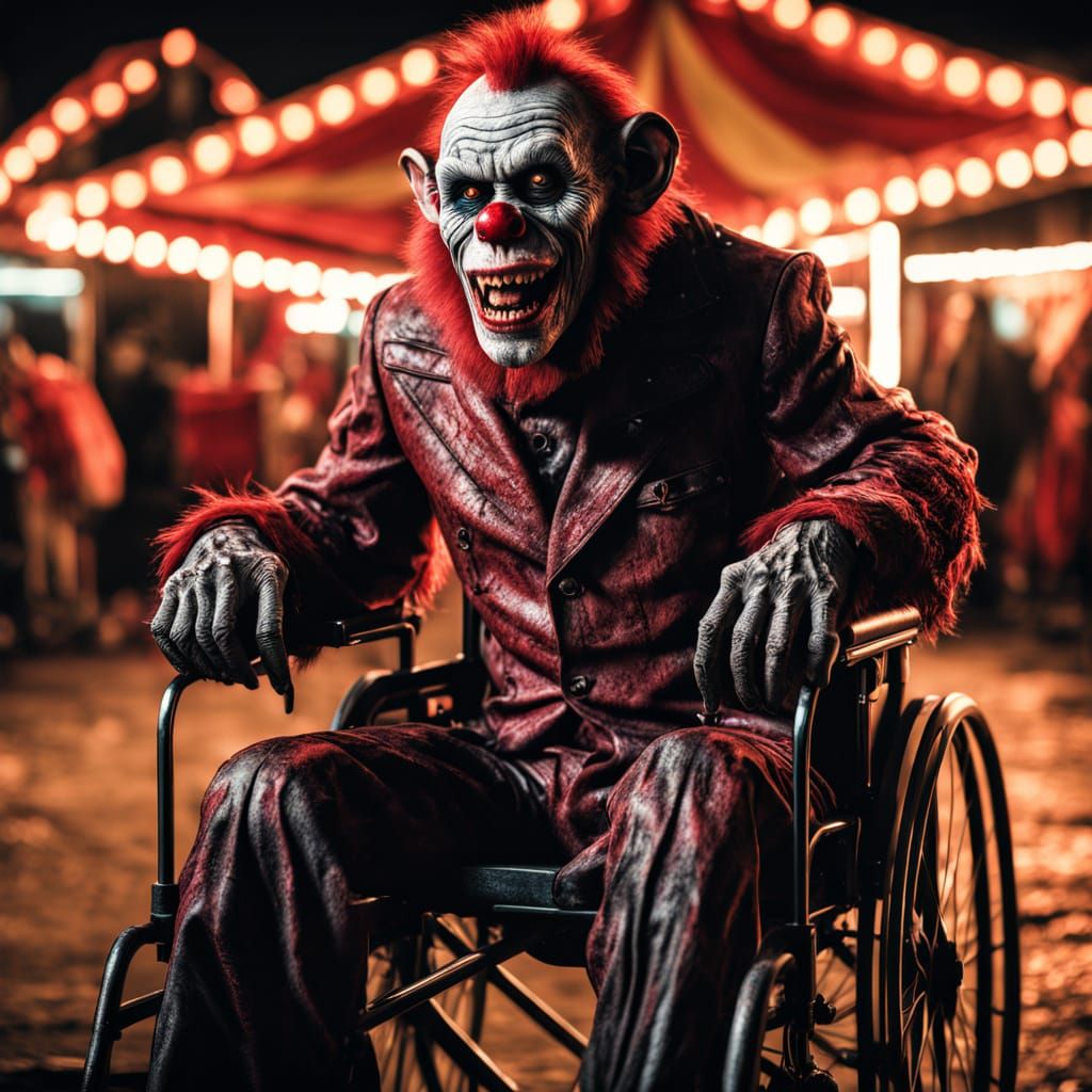 Cinematic Zombie Monkey Monster Clown in Abandoned Carnival