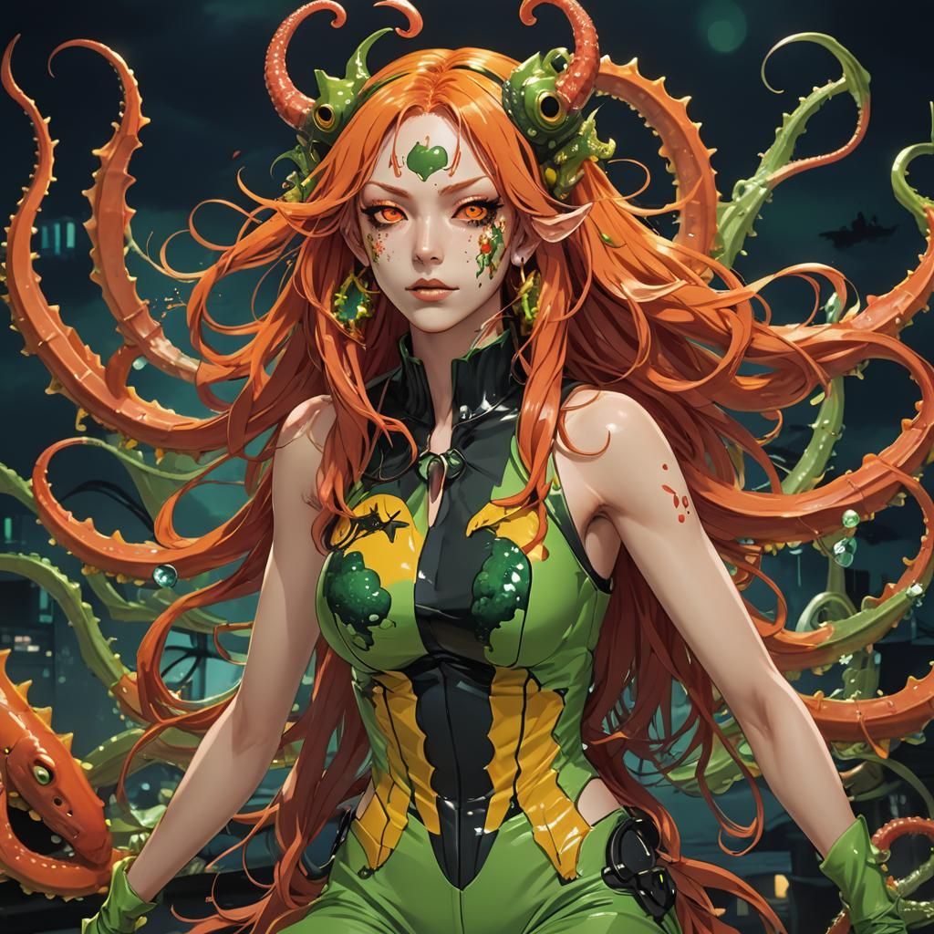 Green-Skinned Woman with Squid Tentacles, as 3D Anime Art