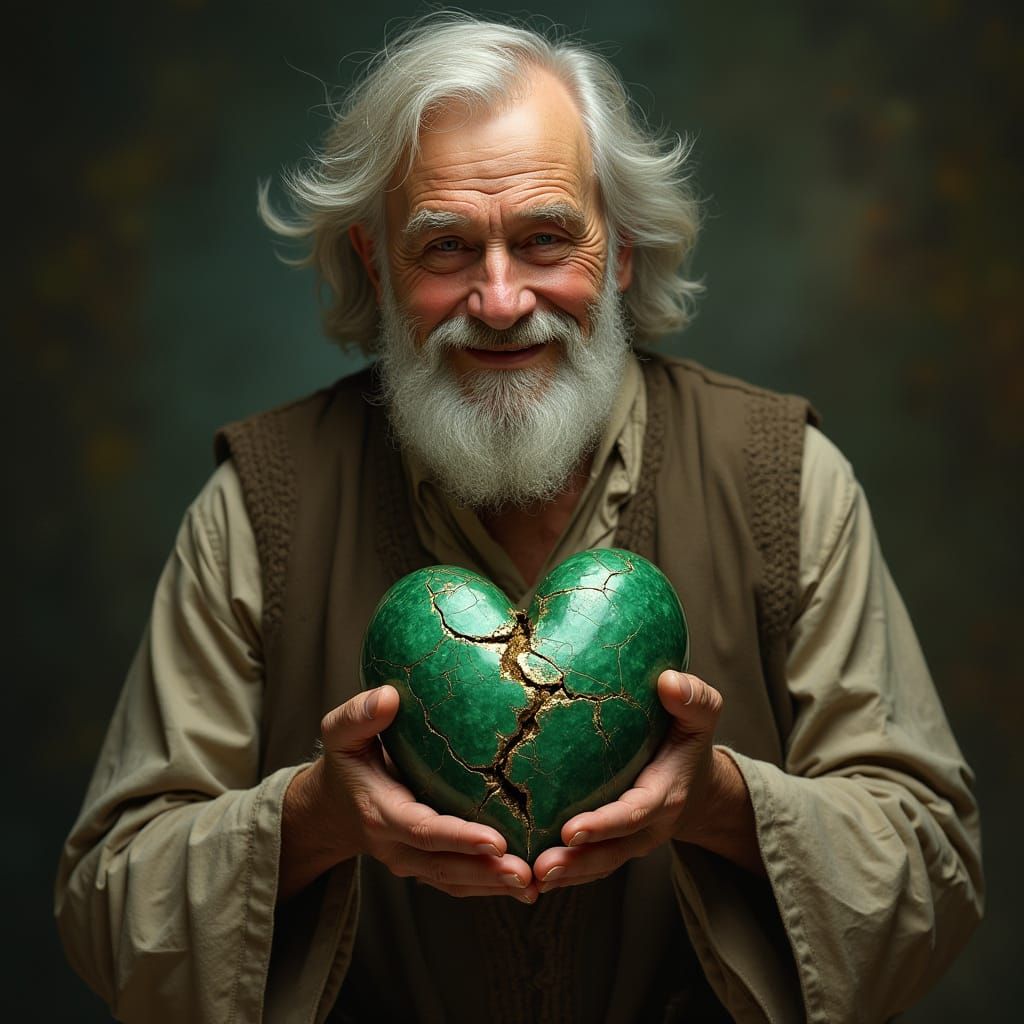 Aged Manservant Tenderly Holds a Kintsugi Heart in a Heavenl...