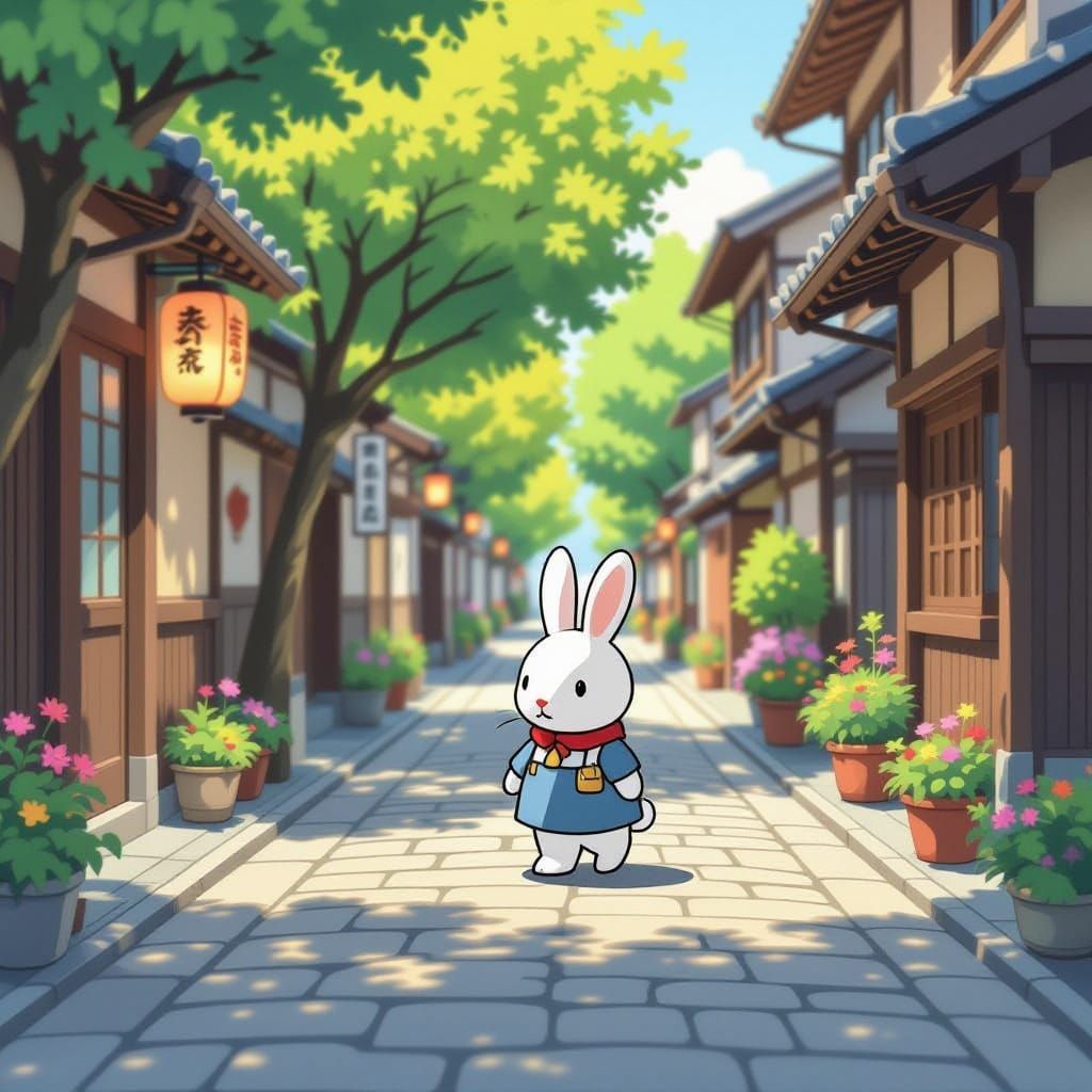 Miffy Rabbit in Serene Japanese Streets, Soft Anime Style