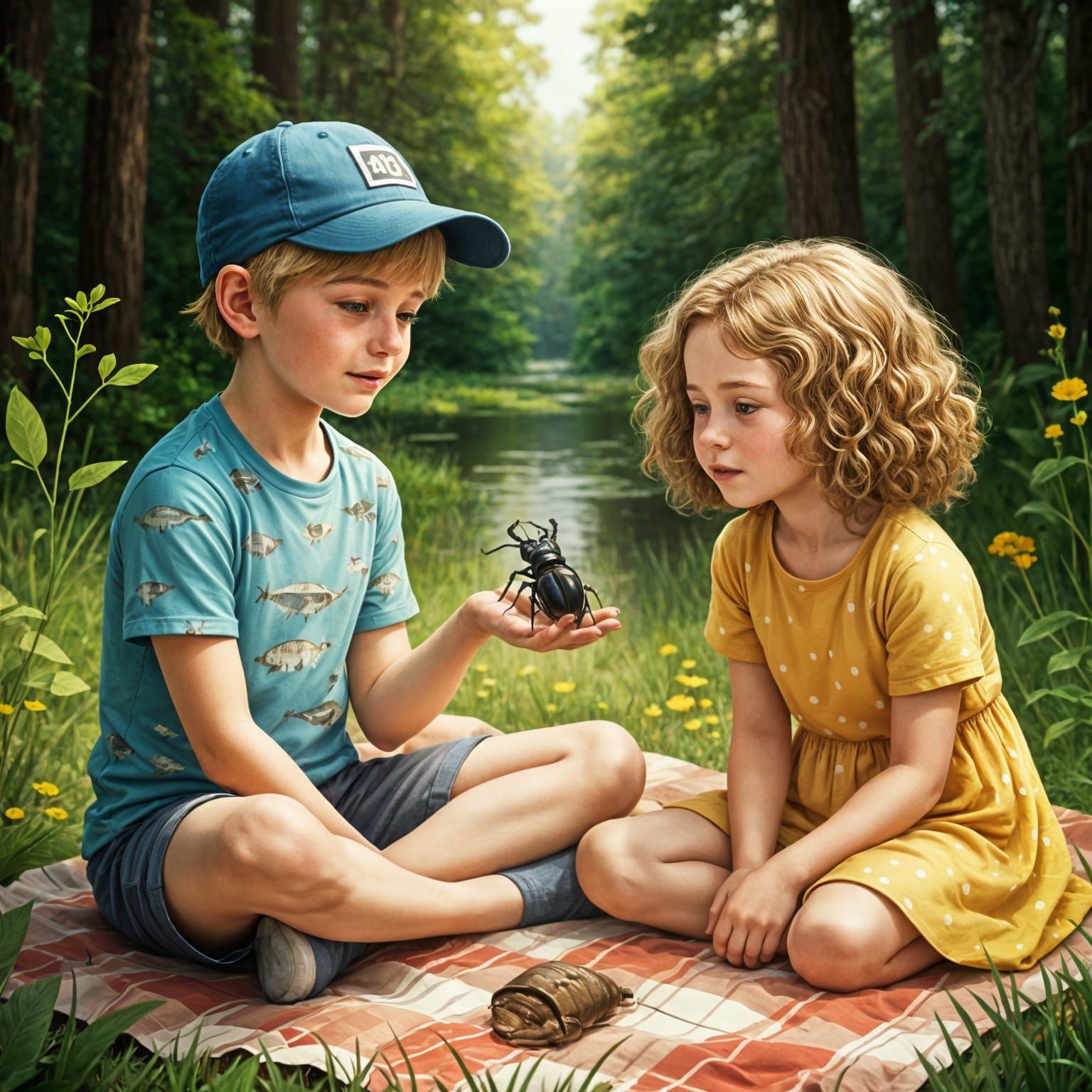 Boy Shows Girl a Stag Beetle in Nature