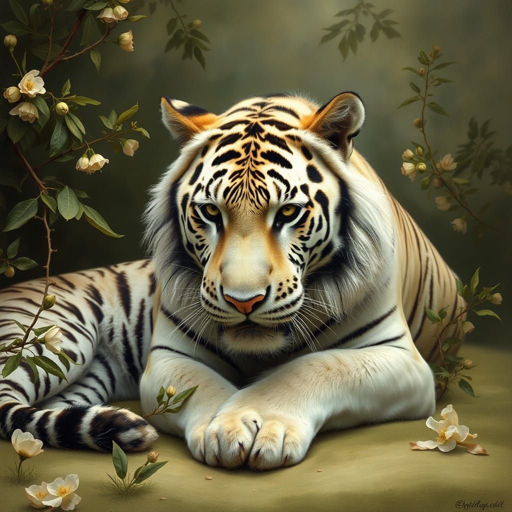 White Tiger Slumbers in a Green Leafy Glade