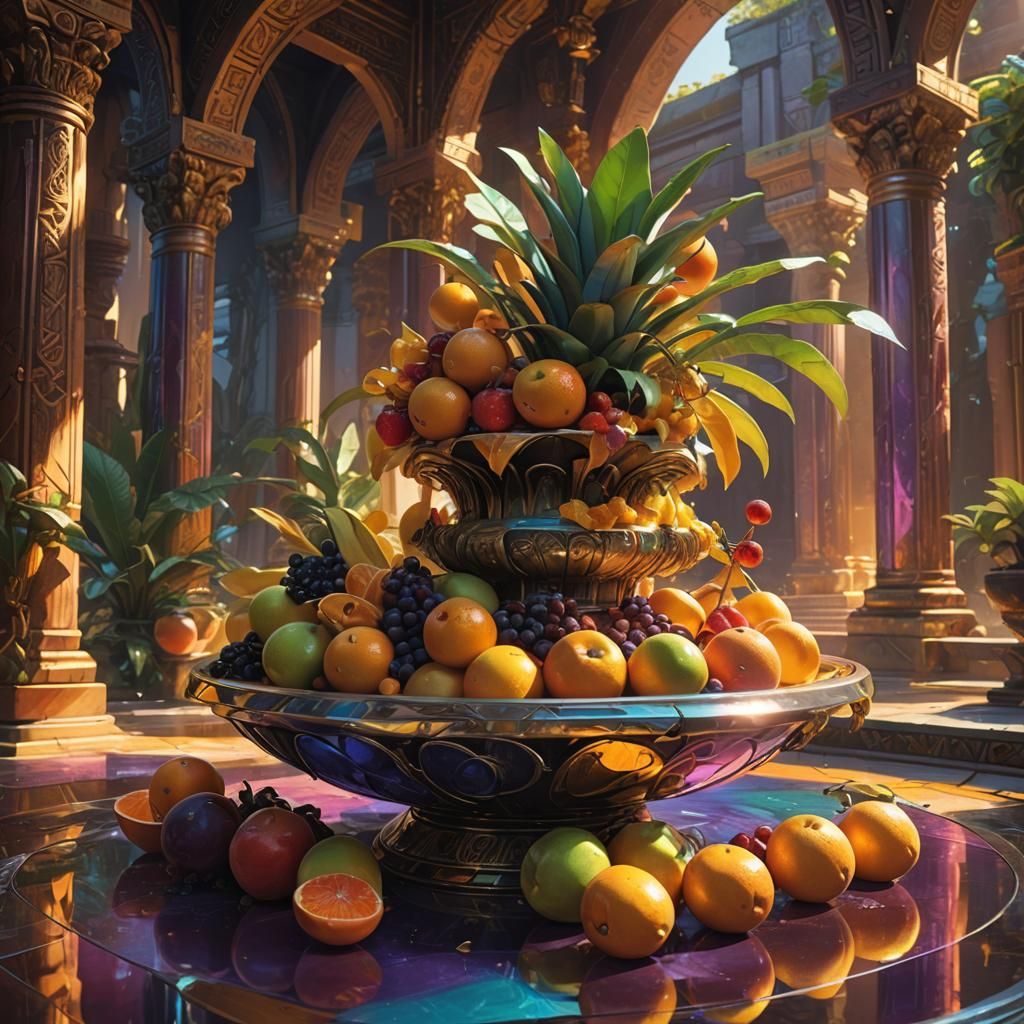 Exotic Fruit Bowl in Ancient Temple: 3D Concept Art