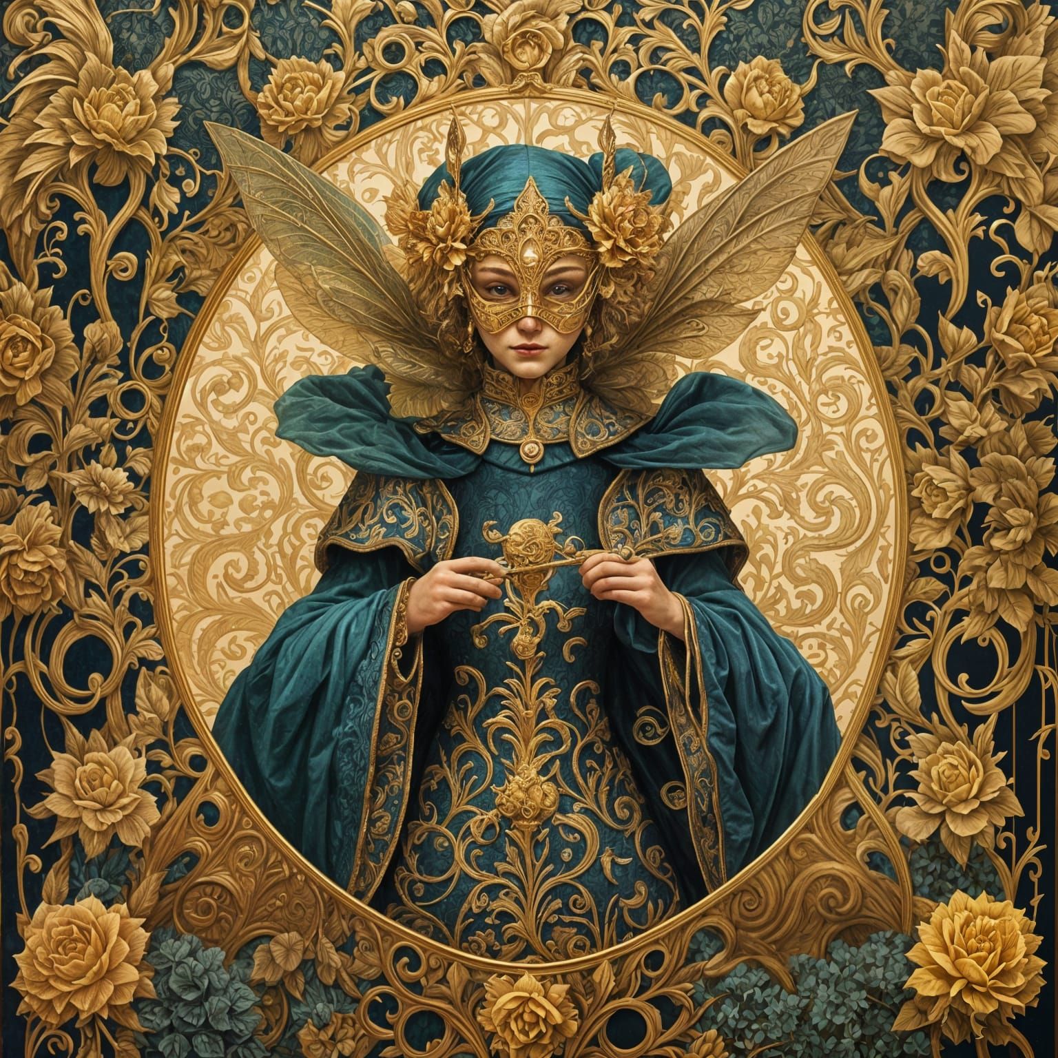 Masked Fairy Tarot Card in Baroque Style