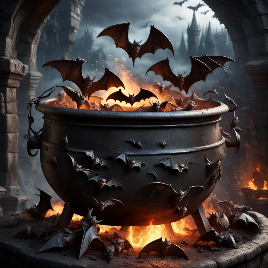 Bats in Cauldron: Hyperdetailed Photorealistic Image