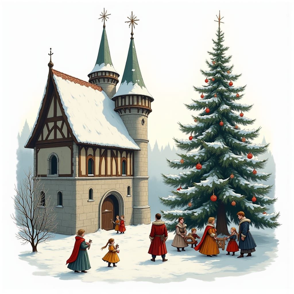 Medieval Czech Christmas Scene in Illuminated Manuscript Sty...