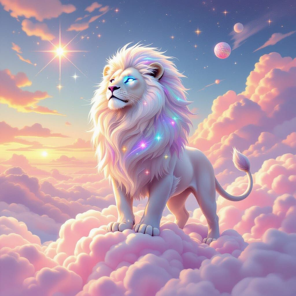 Celestial Lion Overlooking Candy Galaxy: Digital Art