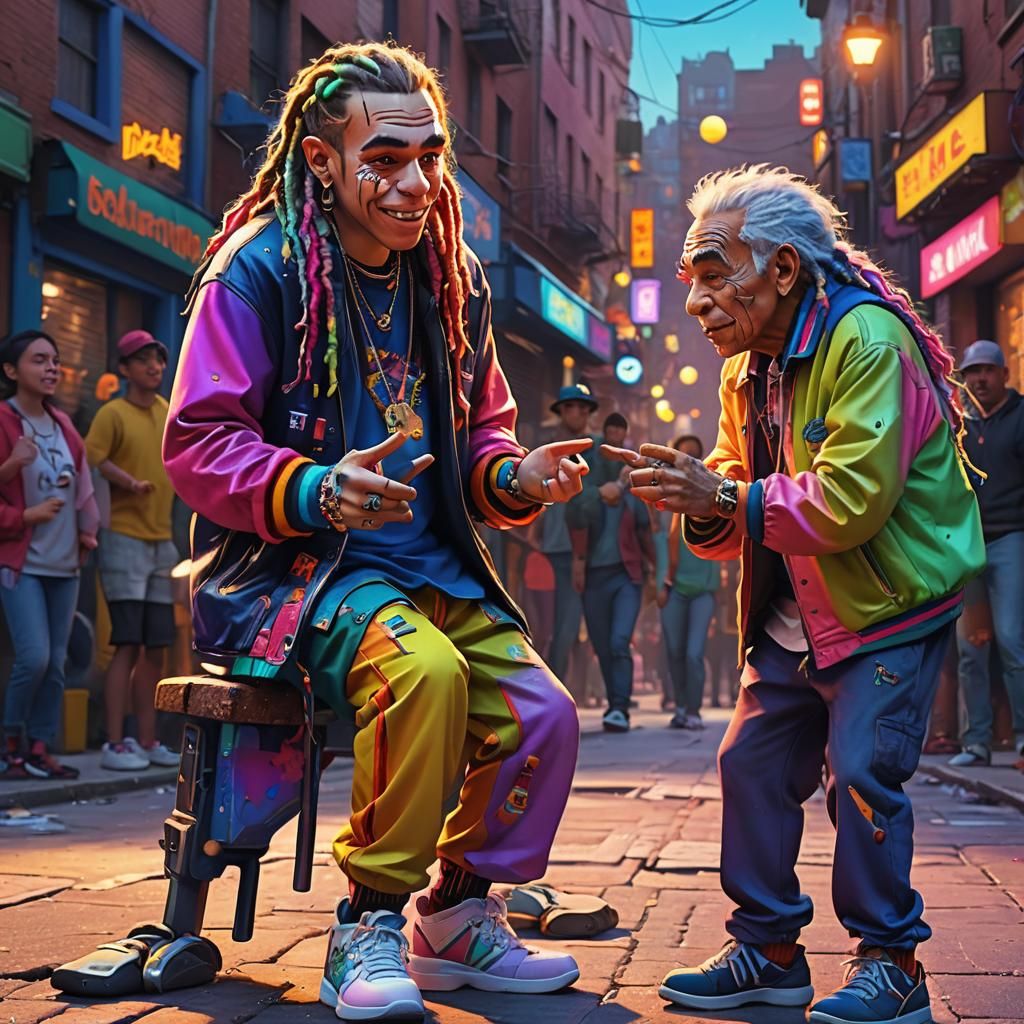 Colorful Street Scene with Musicians: 3D Digital Art