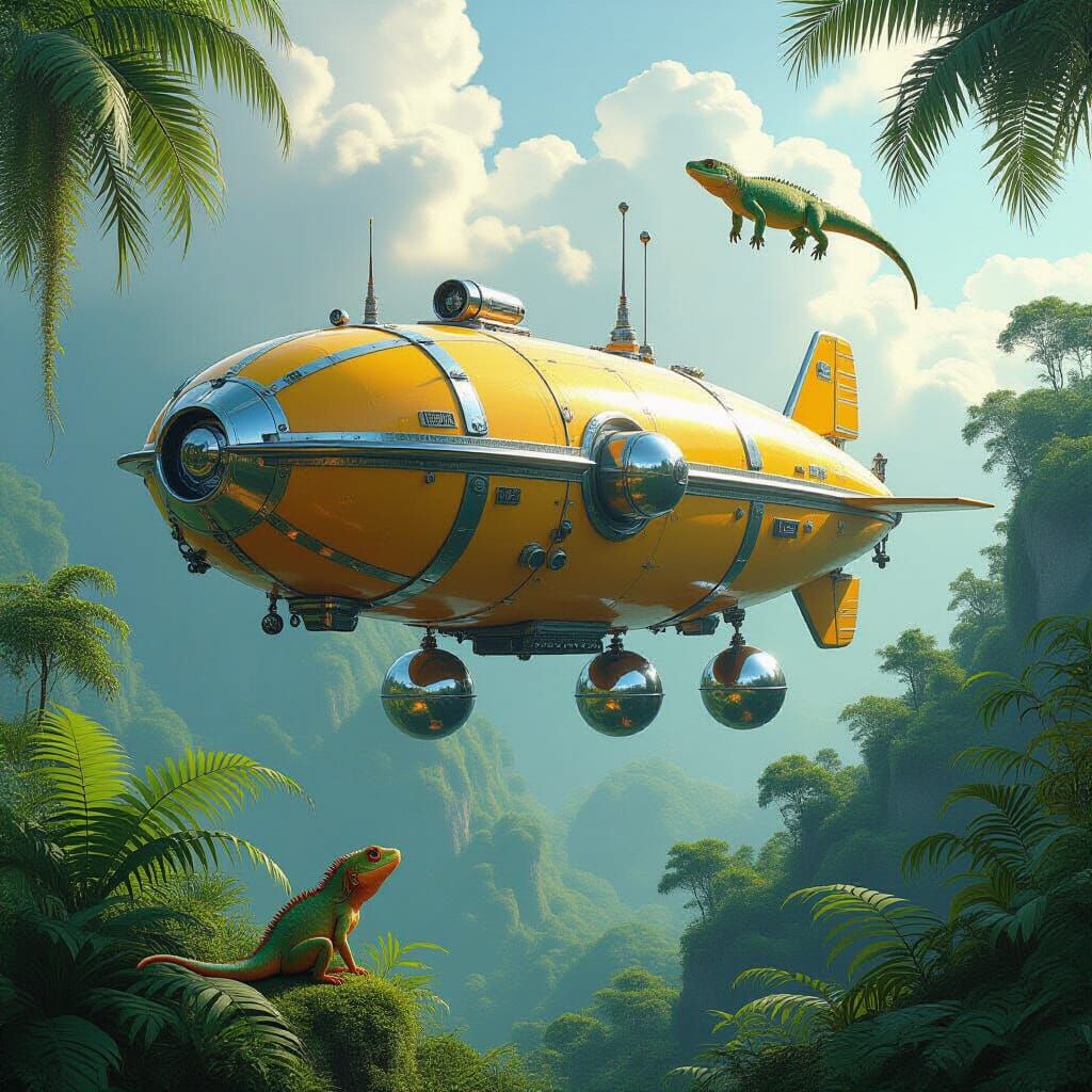 Airship over Tropical Habitat in Retro-Futuristic Style