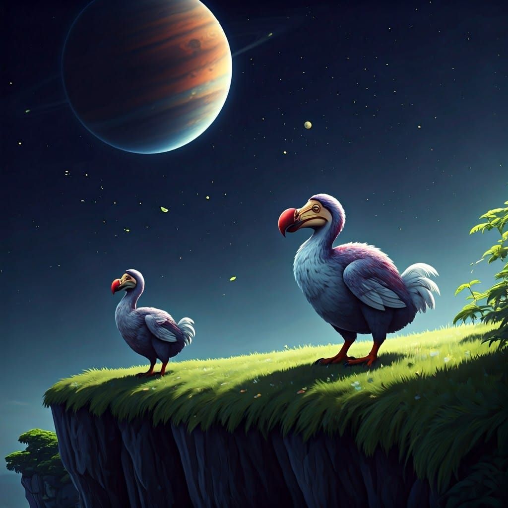 Dodo Birds Amidst Saturn's Glow in Vibrant 3D Anime Style