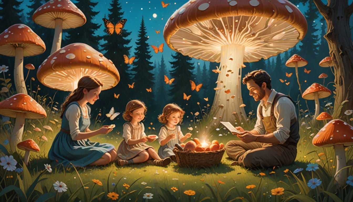 Family Picnic Among Glowing Mushrooms in Dreamlike Meadow