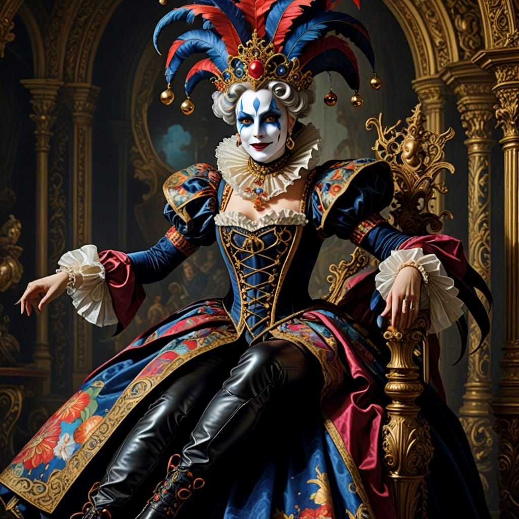 Confident Female Jester on Majestic Galactic Sow