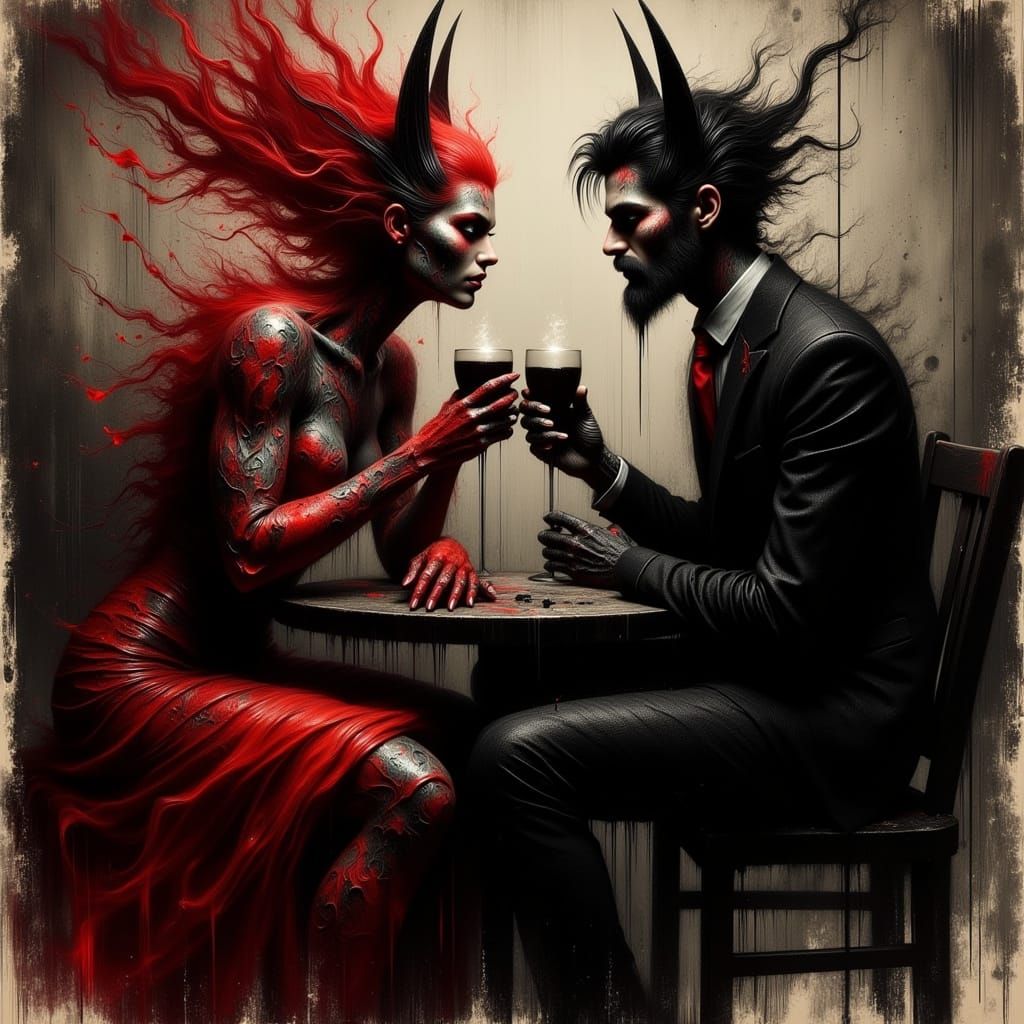 Gothic Couple Drenched in Dark Red Ink Sipping Coffee in a M...