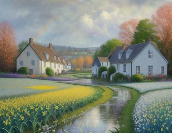 Impressionist Oil Painting of Daffodils in Rain