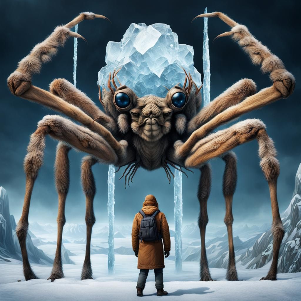 Eerie Human-Headed Camel Spider on Icy Backdrop