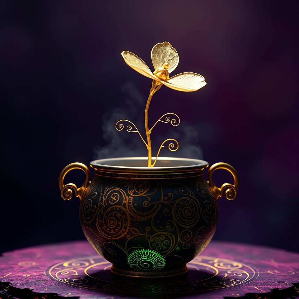 A Whimsical Mechanical Flower Hovering Above Ancient Mystic...