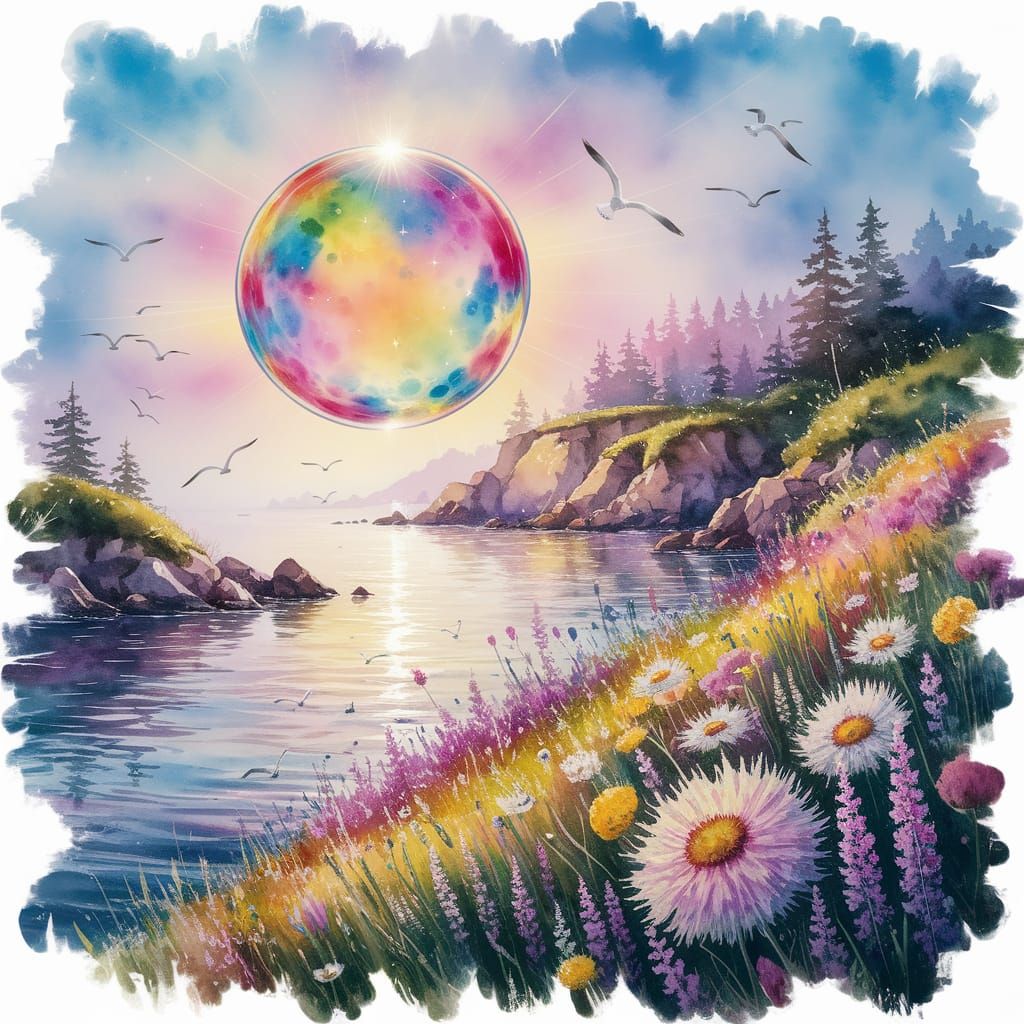 Colorful Soap Bubble Over Coast: Watercolor Fantasy