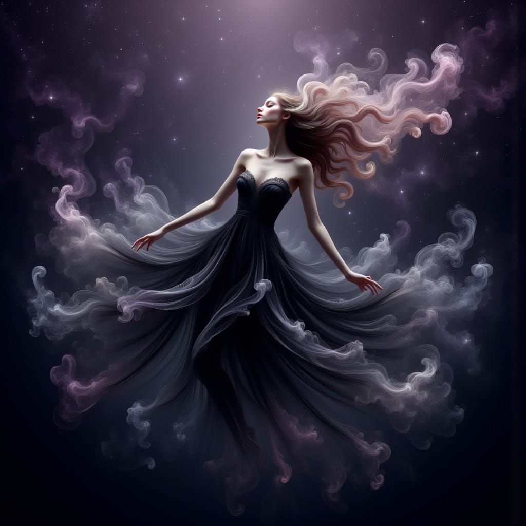 Ethereal Woman in Cosmic Void with Flowing Attire