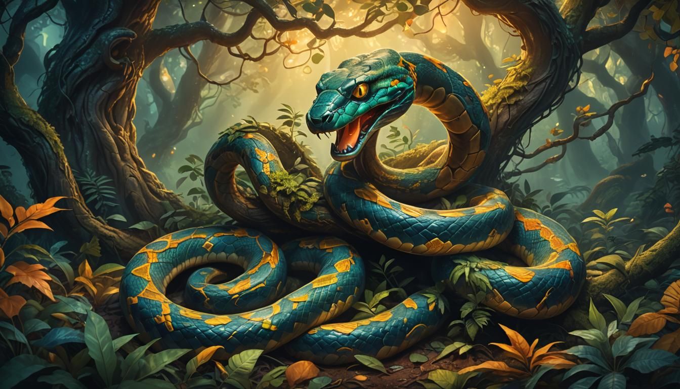 Majestic Snake Coiled Around Ancient Tree