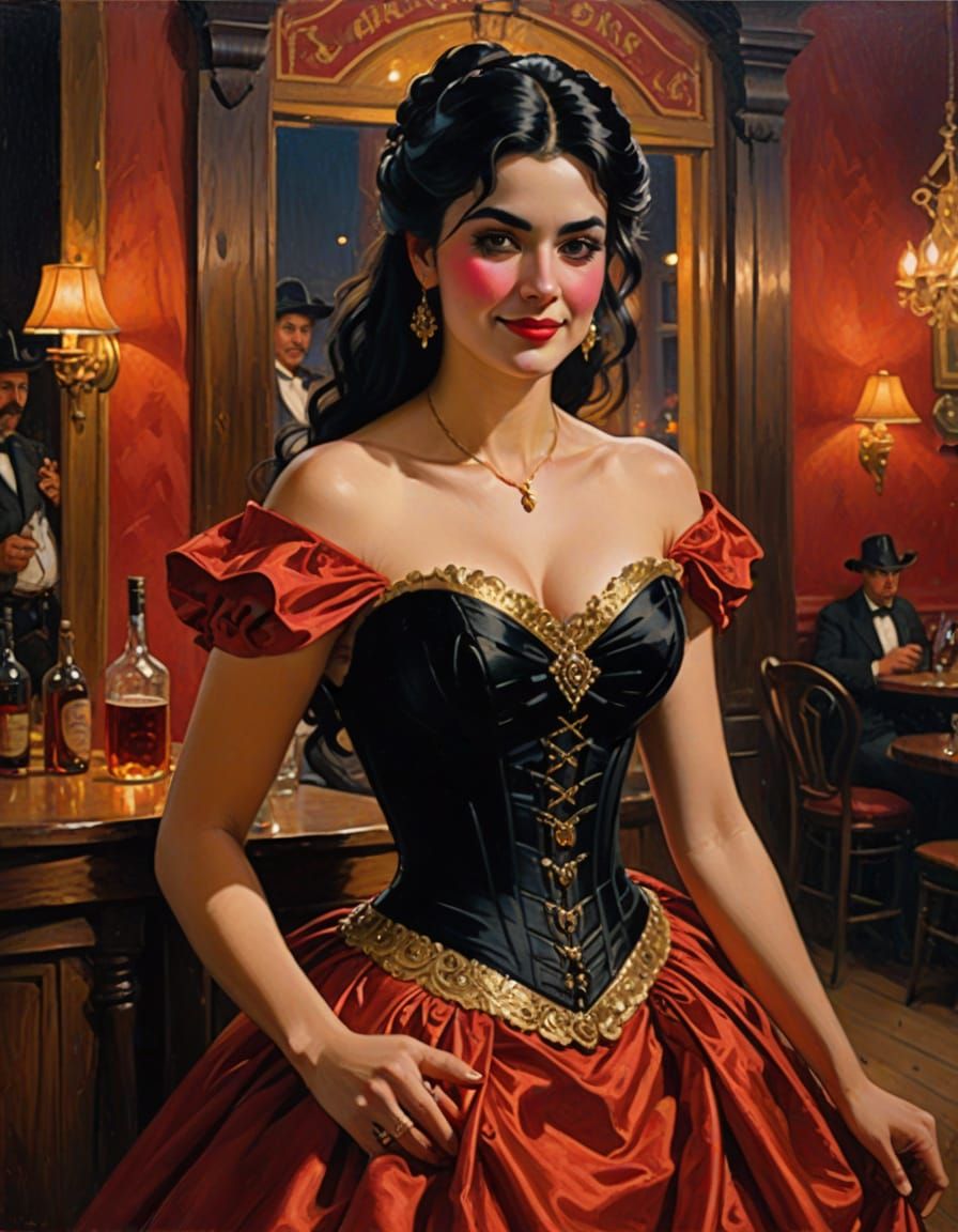 Vibrant Old West Saloon Siren in Scarlet Corset