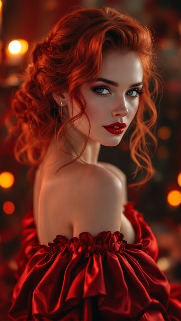 Vintage Hollywood Glamour Redhead in Crimson Silk Gown