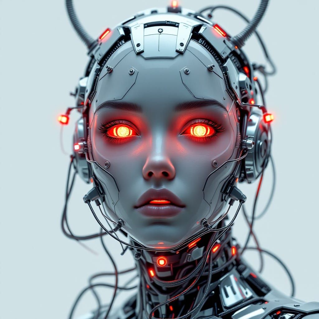 robot face cyberpunk frontal view face takes up 1/3 of the image, numerous strapping around. animation marvel movie spec...