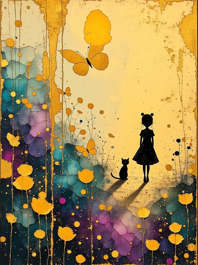 Girl and Cat in Golden Meadow: Oil Painting
