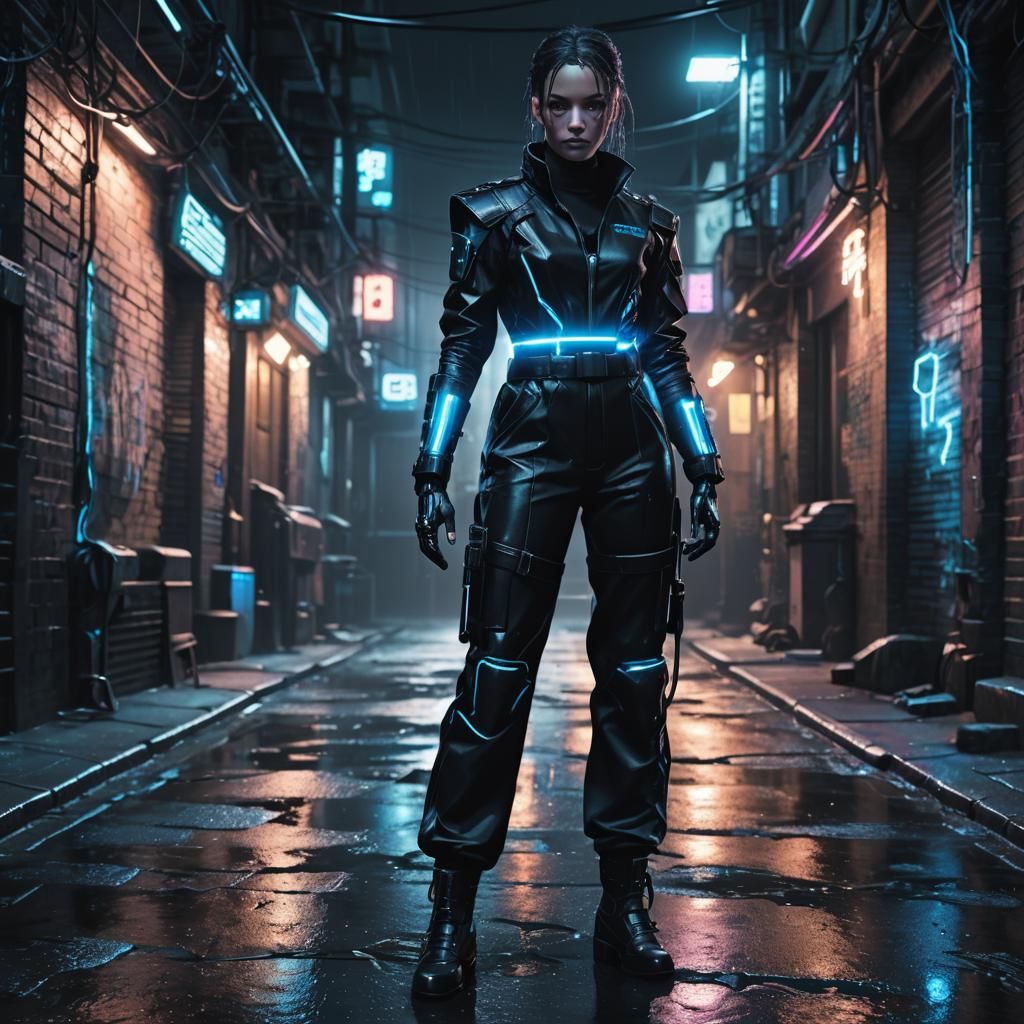 Cyberpunk Figure with Glowing Chain in Neon Alley