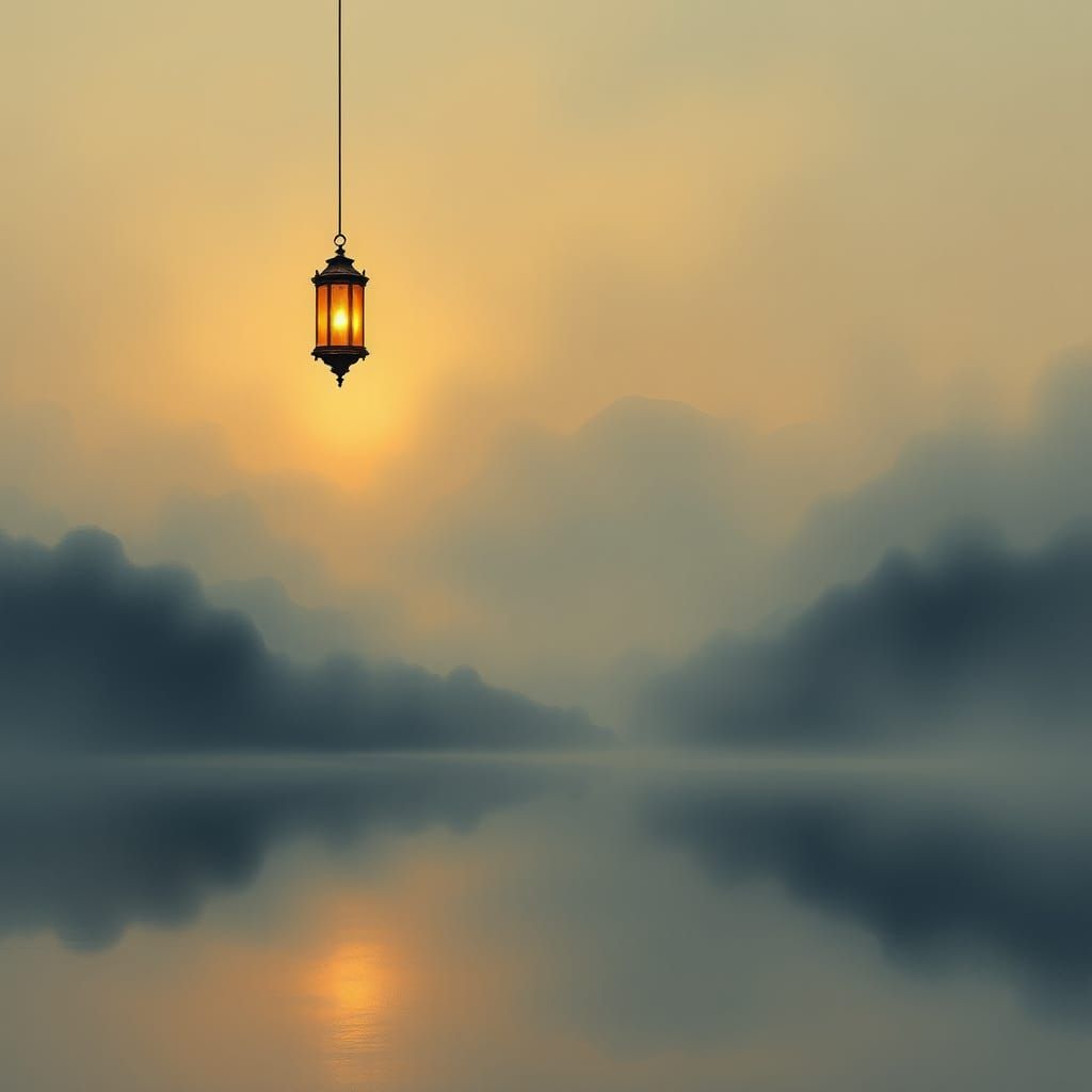 Serene Lantern on Misty Lake at Twilight