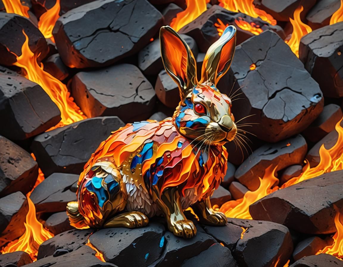 Fiery Rabbit on Lava Rocks in Abstract Expressionism