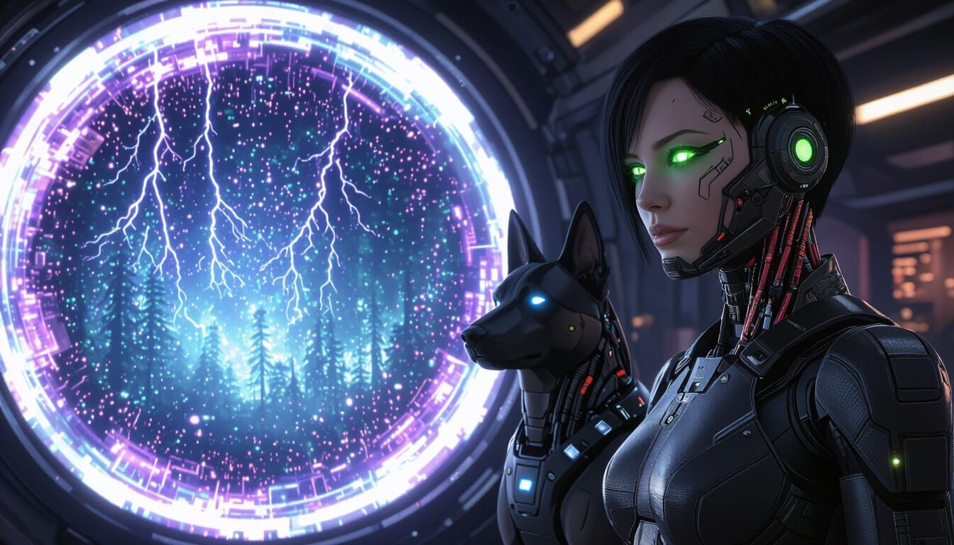 Cybernetic Woman and Robot Dog in Digital Forest