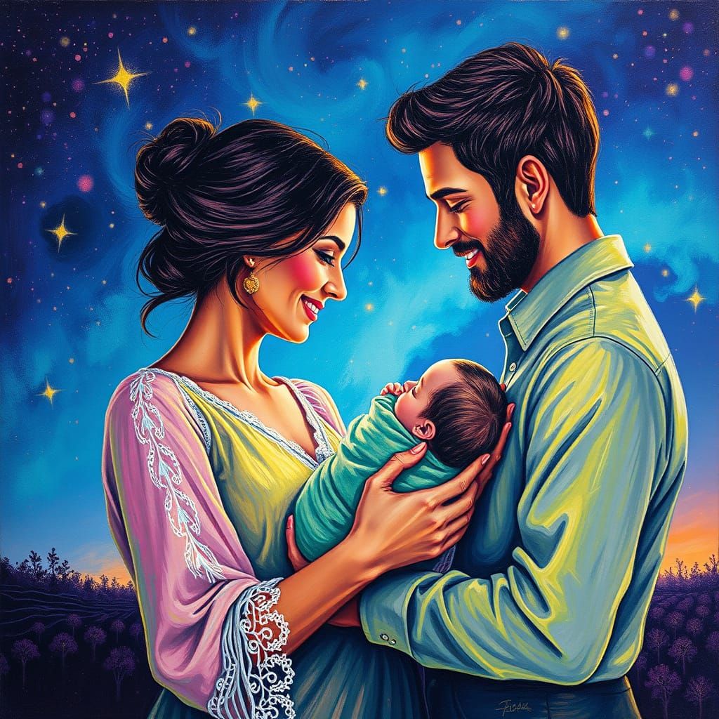 Loving Couple with Newborn Under Astral Aurora, Crayon Art