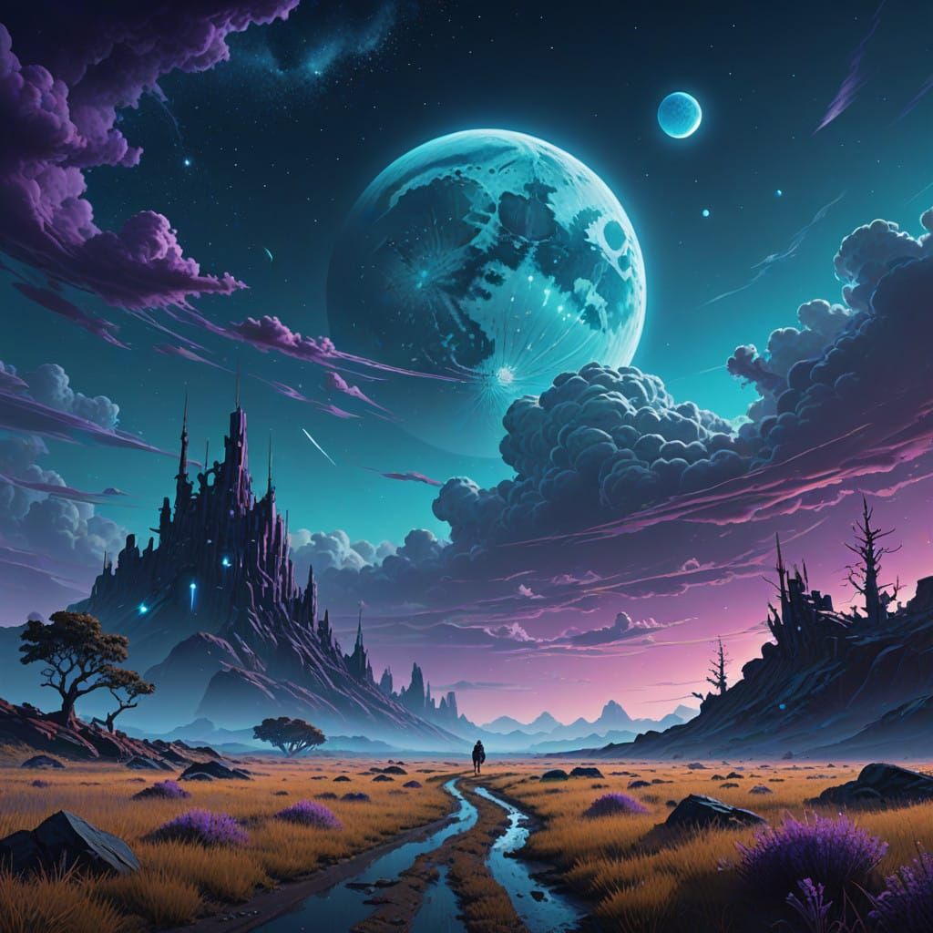 Ethereal Moonlit Dreamscape in Vibrant Blues and Purples