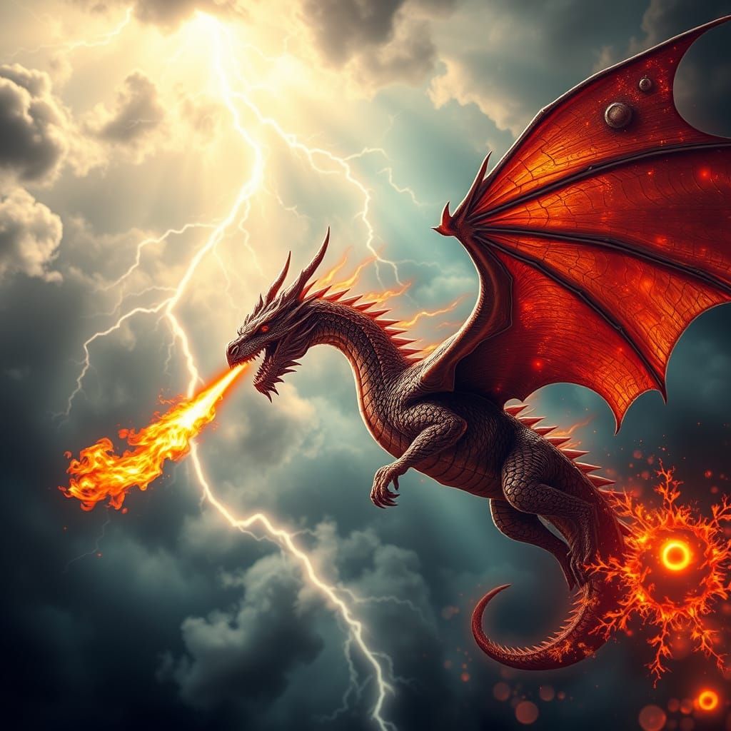 Dragon Soars Through Turbulent Stormy Skies in Hyper-Realist...