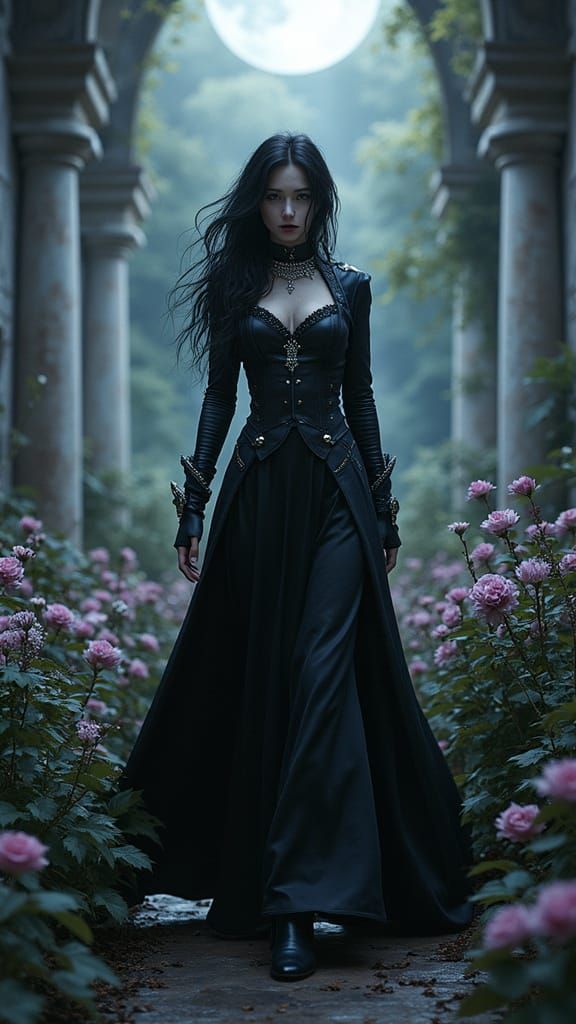 Gothic Sorceress in Moonlit Garden Portrait