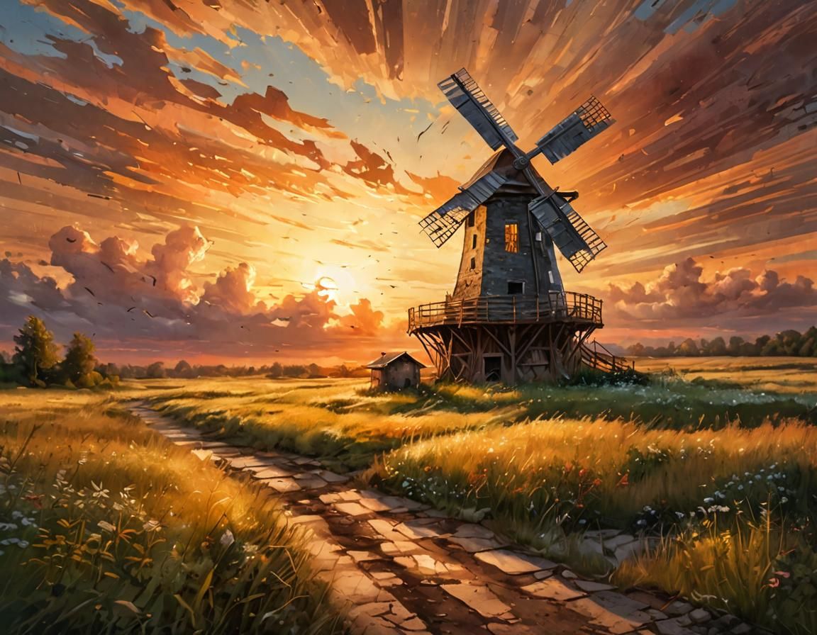 Giant Windmill in Meadow at Sunset, Acrylic Painting