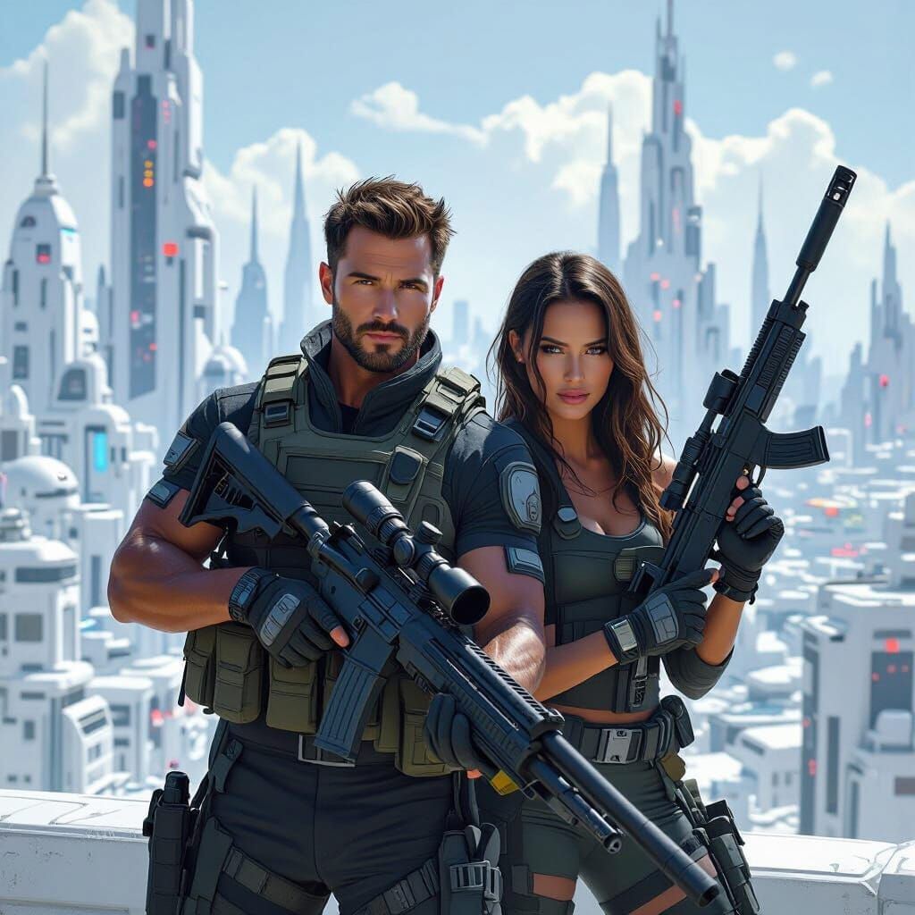 Futuristic Movie Poster with Glen Powell and Adria Arjona