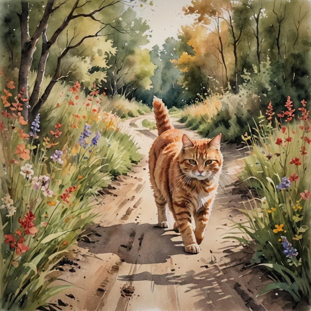 Red Tabby Cat Walking: Watercolor and Ink Impressionism
