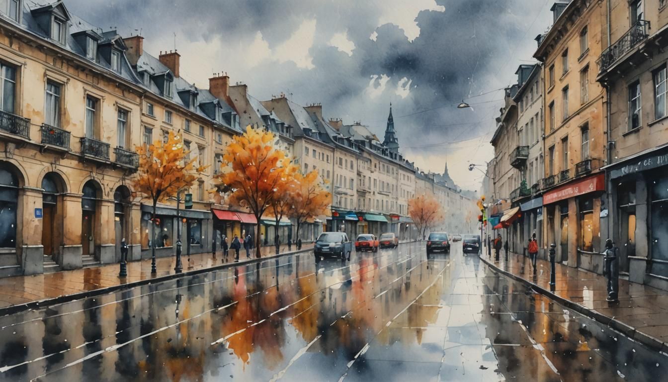 Stormy Autumn Day in Watercolor Cityscape